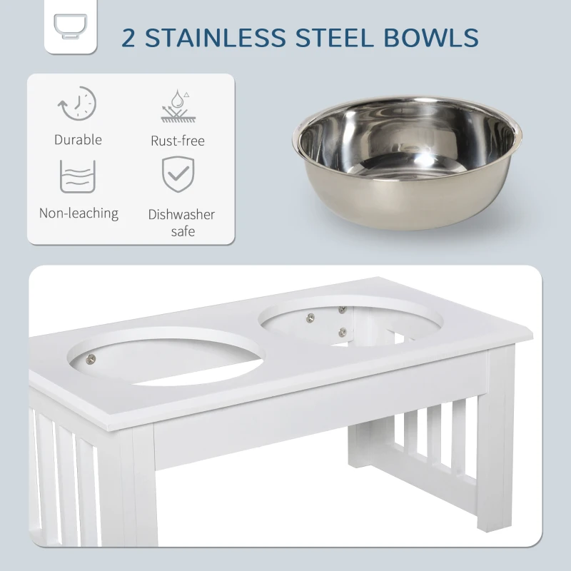 PawHut Deluxe Double Pet Dog Bowl Feeding Station Wooden Stand Pet Feeder Elevated Base Twin Bowls Stainless Steel, White