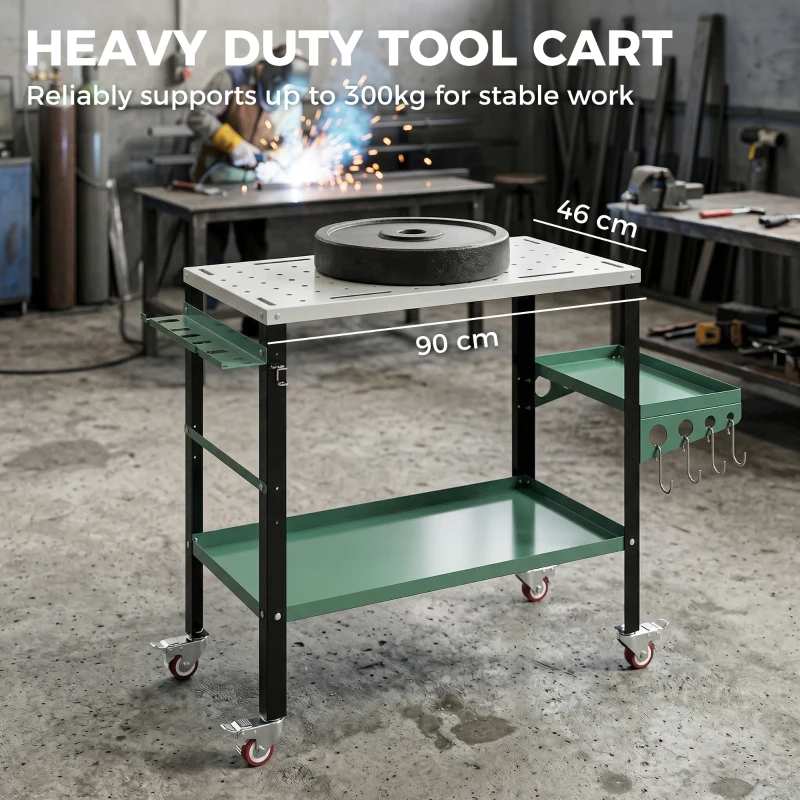 HOMCOM 2Tier Rolling Welding Table, Lockable Steel Heavy Duty Welding Workbench Table with Side Tray, Silver & Green