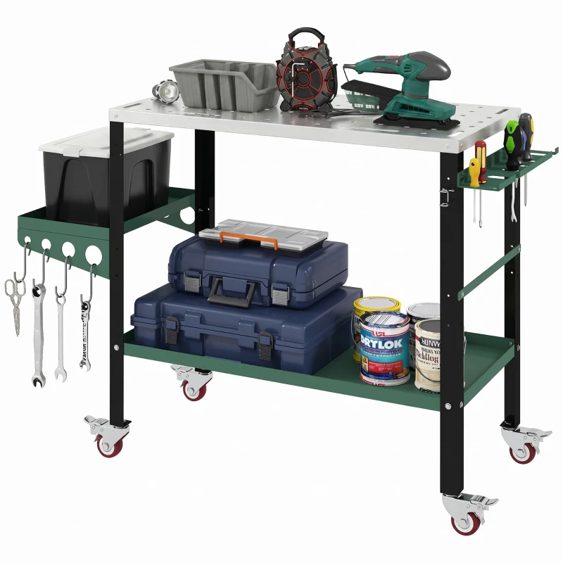 HOMCOM 2Tier Rolling Welding Table, Lockable Steel Heavy Duty Welding Workbench Table with Side Tray, Silver & Green