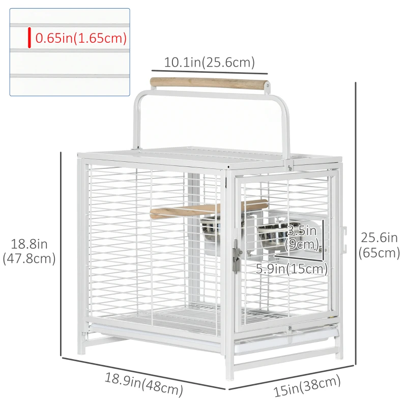 PawHut Bird Travel Carrier Cage, Portable Metal Bird Cage for Parrots Conures Cockatiel Parakeets with Stand Perch, Stainless Steel Bowls, Pull Out Tray, 19" x 15" x 26", White