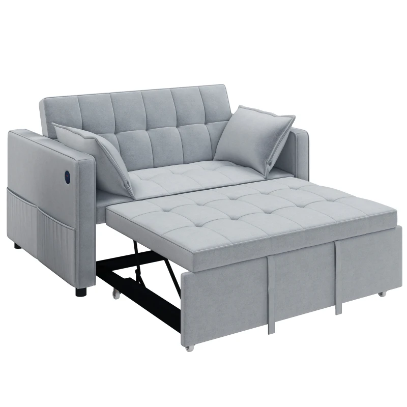 HOMCOM 3‑in‑1 Convertible Sofa Bed, Pull Out Sleeper Sofa with USB Charging, Adjustable Backrest, Side Pockets, Light Grey