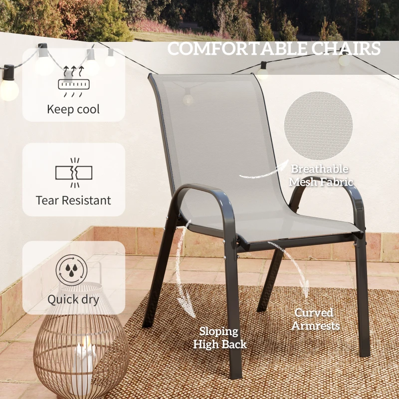 Outsunny 3 Pieces Bistro Set, Small Patio Furniture Set with Stackable Mesh Chairs, Glass Table for Garden, Balcony, Light Grey