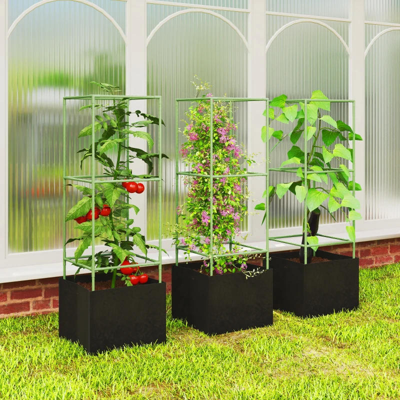 Outsunny 3 Packs Tomato Cages with 13.5 Gallon Grow Bags, Adjustable Square Plant Support Trellis