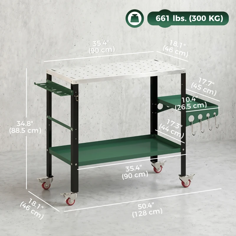 HOMCOM 2Tier Rolling Welding Table, Lockable Steel Heavy Duty Welding Workbench Table with Side Tray, Silver & Green