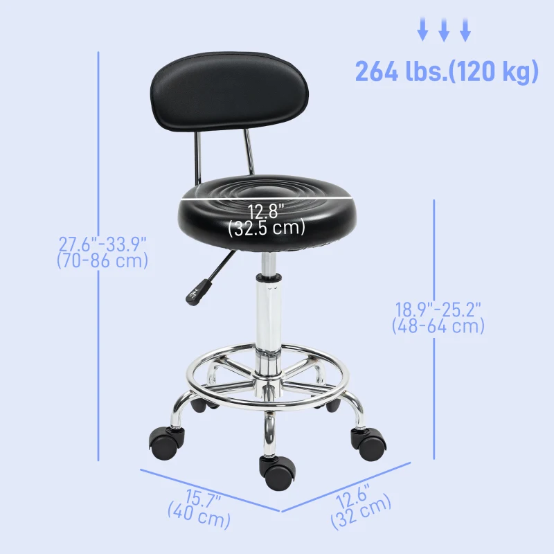 HOMCOM Adjustable Stool, Rolling Stool, 360° Rotate, with Backrest and Wheels, Black
