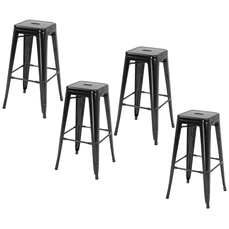 HOMCOM Set of 4 Bar Stools Kitchen Metal Steel Portable Stackable Seat 4pcs Black