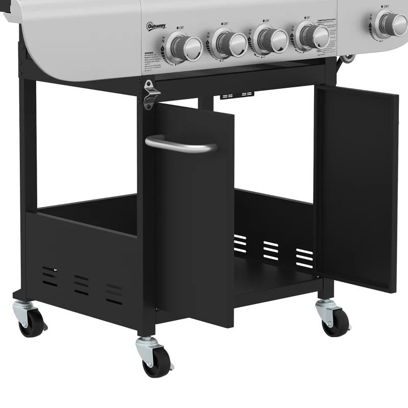 Outsunny 4 Burner Propane Gas Grill with Side Burner, 53,000 BTU BBQ Grill with Cast Iron Grates, Wheels, Warming Rack, Cabinet