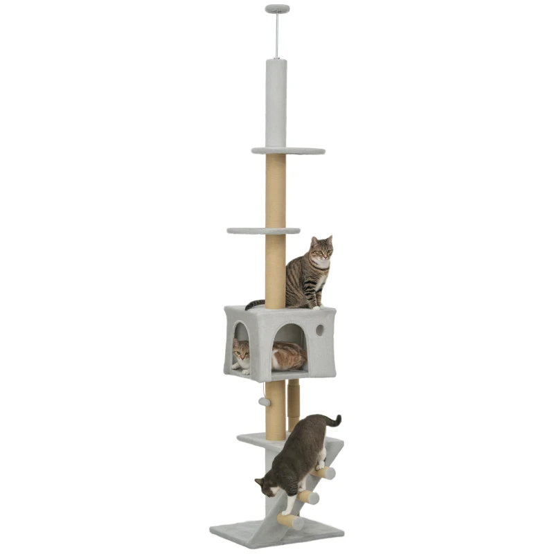 PawHut 89"-100" Floor to Ceiling Cat Tree w/ Scratching Post, Cat House, 3-Steps, Hanging Ball, Perches, Light Grey