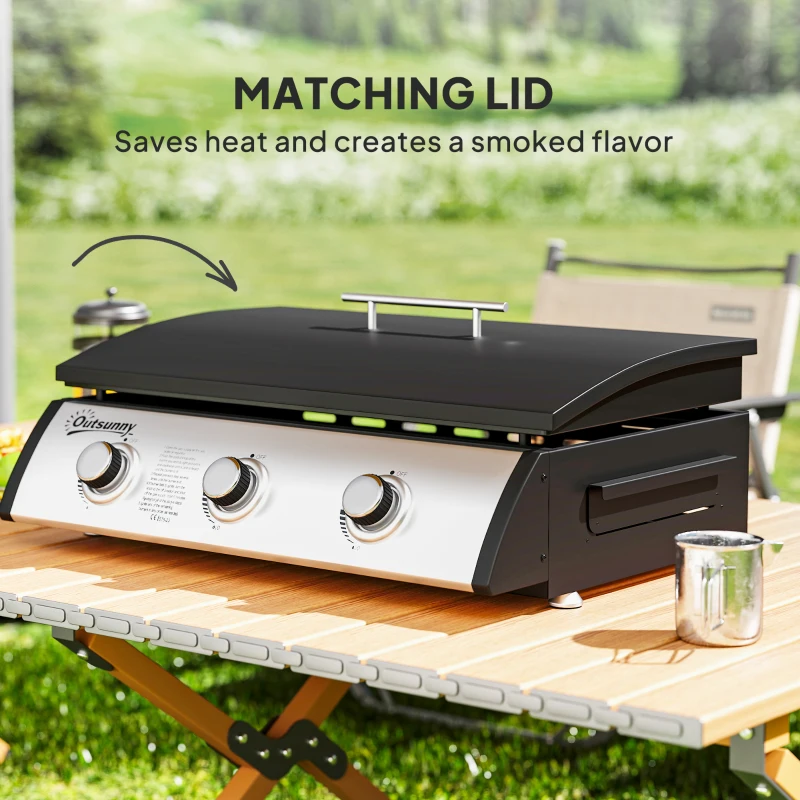 Outsunny Propane Gas Grill with 3 Main Burners, 8530 BTU Outdoor BBQ Grill Cart with Non-Stick Griddle and Lid, Black