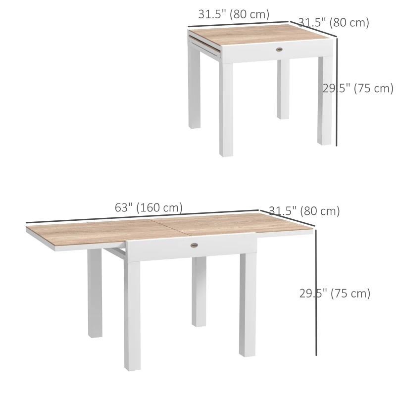 Outsunny Extendable Patio Dining Table, Aluminum Frame Outdoor Patio Table with Faux Wood Top for Garden Backyard, Natural Wood