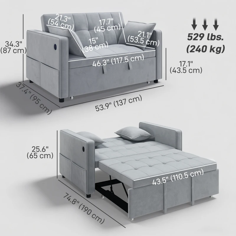 HOMCOM 3‑in‑1 Convertible Sofa Bed, Pull Out Sleeper Sofa with USB Charging, Adjustable Backrest, Side Pockets, Light Grey