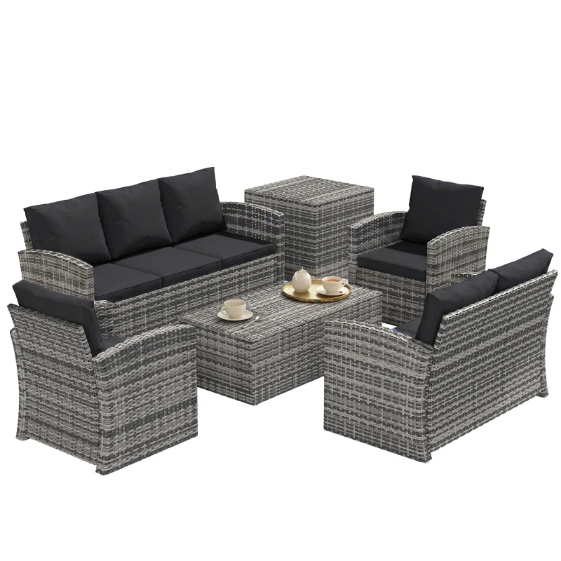 Outsunny 6 Pieces Wicker Patio Furniture Set with Cushions, 7-Seater Rattan Patio Sofa Set with Storage Table, Black