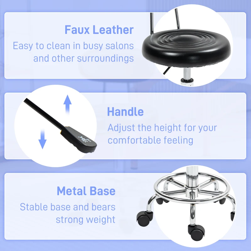 HOMCOM Adjustable Stool, Rolling Stool, 360° Rotate, with Backrest and Wheels, Black