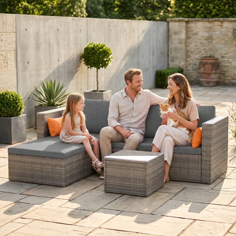 Outsunny 3-Piece Patio Furniture Set Modern Sectional Sofa Rattan Chair Wicker Conversation Set Outdoor Hand Woven Rattan Wicker Furniture Patio Coffee Table Sofa Set, Grey
