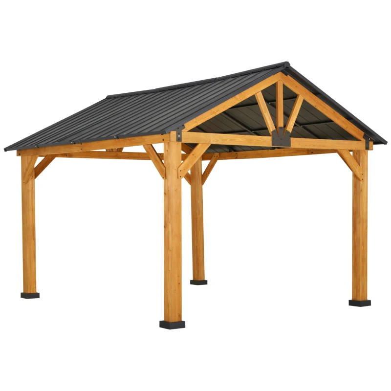 Outsunny 11' x 13' Wooden Gazebo Canopy Outdoor Sun Shade Shelter w/ Steel Roof, Solid Wood, Black & Natural