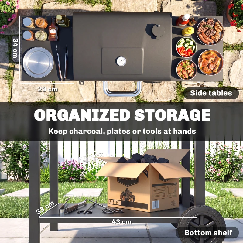 Outsunny Charcoal Grill with 2 Side Tables, Barbecue Grill with Thermometer and Warming Rack, Wheels, 43.3"x18.3"x39.8", Black