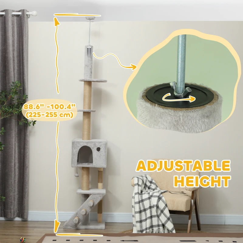 PawHut 89"-100" Floor to Ceiling Cat Tree w/ Scratching Post, Cat House, 3-Steps, Hanging Ball, Perches, Light Grey