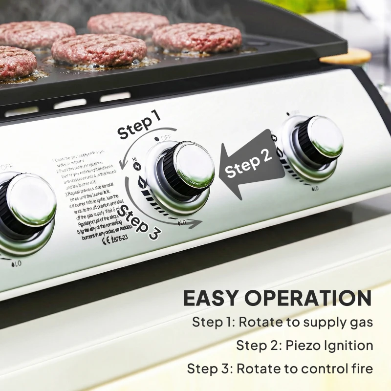 Outsunny Propane Gas Grill with 3 Main Burners, 8530 BTU Outdoor BBQ Grill Cart with Non-Stick Griddle and Lid, Black