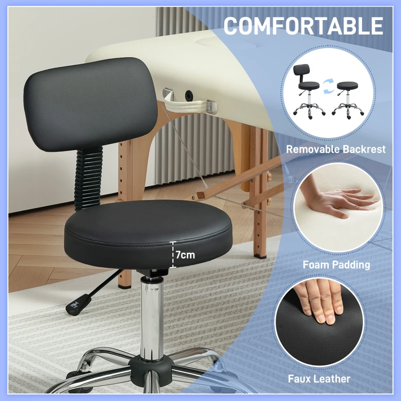 HOMCOM Adjustable Rolling Stool with Removable Backrest, Faux Leather Swivel Stool Chair for Salon Spa, Bar, Massage, Black