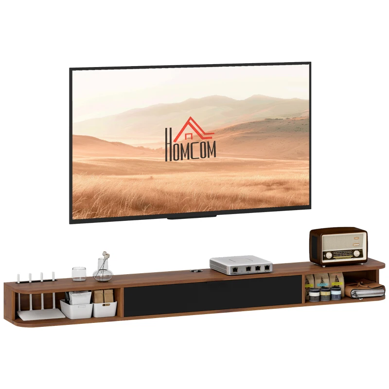 HOMCOM 71" Floating TV Stand for TVs up to 75 Inch, Wall Mounted Media Console with Flip Drawer and 2 Open Shelves, Walnut(m-9)