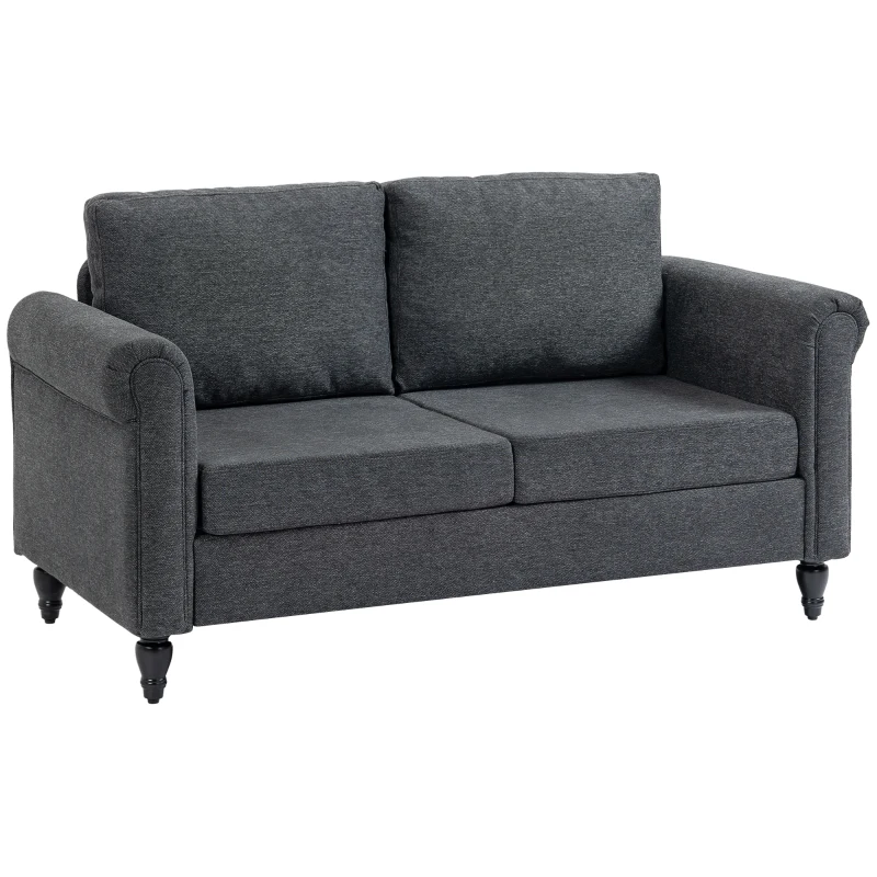 HOMCOM Vintage Loveseat, Upholstered Love Seat Furniture, Chenille-feel Fabric 2 Seater Sofa Couch with Rolled Arms, Gourd-Shaped Rubber Wood Legs for Living Room, Dark Grey