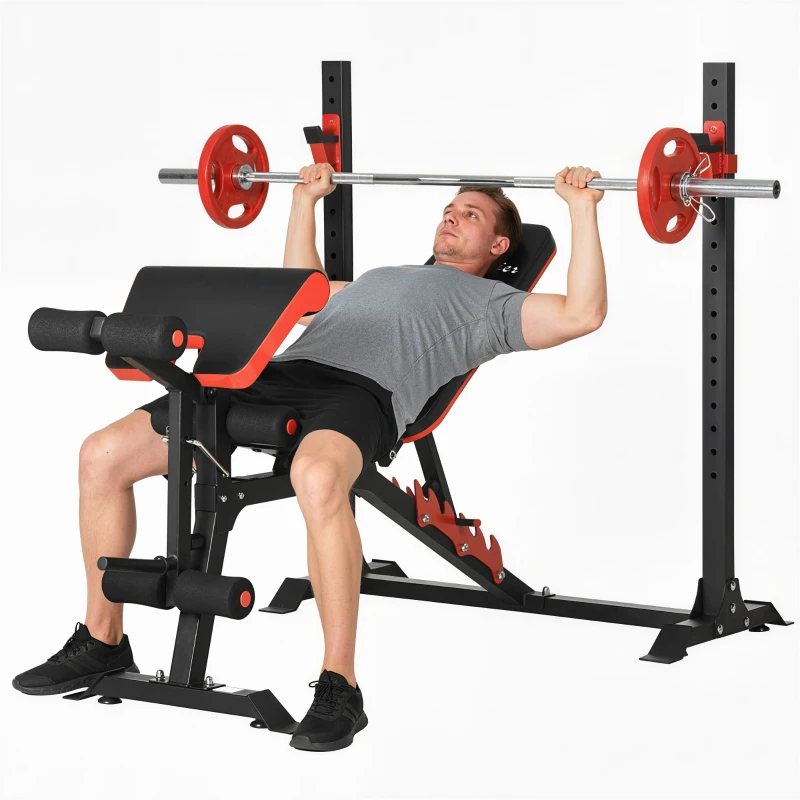 Soozier Adjustable Weight Bench with Squat Rack, Preacher Curl Pad and Leg Developer, Home Gym Bench for Full Body Workout
