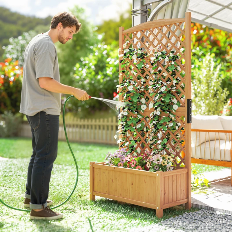 Outsunny Raised Garden Bed with Trellis, Wooden Raised Planter Box with Elevated Raised Bed, 35.4" x 17.7" x 70.9", Yellow