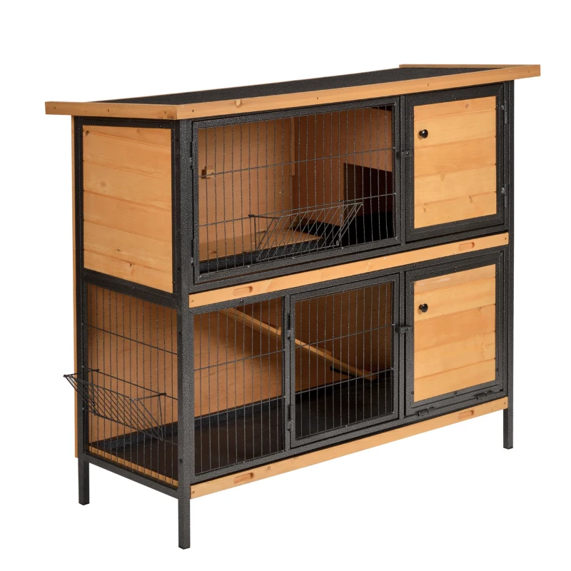 PawHut 48" 2-Floor Large Rabbit Hutch Wooden Pet House Metal Frame Bunny Cage Small Animal Habitat with Ramp Feeding Trough Lockable Doors Run Area Asphalt Roof for Outdoor Use