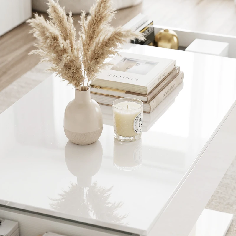 HOMCOM LED Coffee Table with Storage, High Gloss Modern Center Table with 2 Drawers and Remote Control for Living Room, White