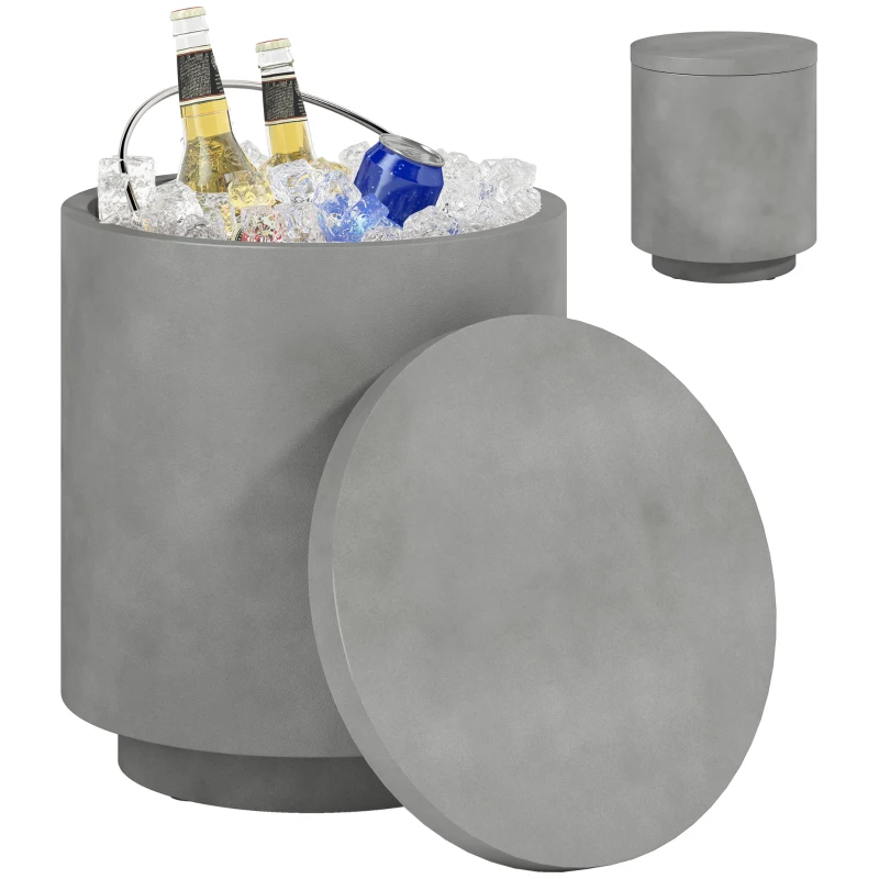 HOMCOM 2.6 Gal Outdoor Side Table, 3-In-1 Concrete Cooler Bar Table with Storage, Removable Ice Bucket and Lid, Light Grey