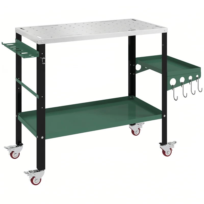 HOMCOM 2Tier Rolling Welding Table, Lockable Steel Heavy Duty Welding Workbench Table with Side Tray, Silver & Green