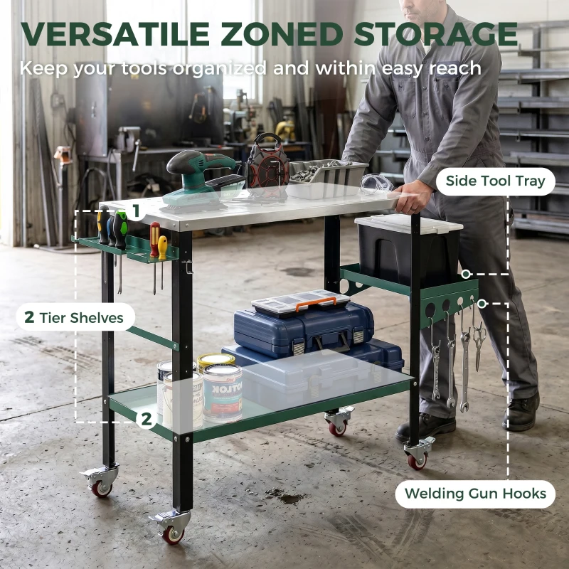 HOMCOM 2Tier Rolling Welding Table, Lockable Steel Heavy Duty Welding Workbench Table with Side Tray, Silver & Green