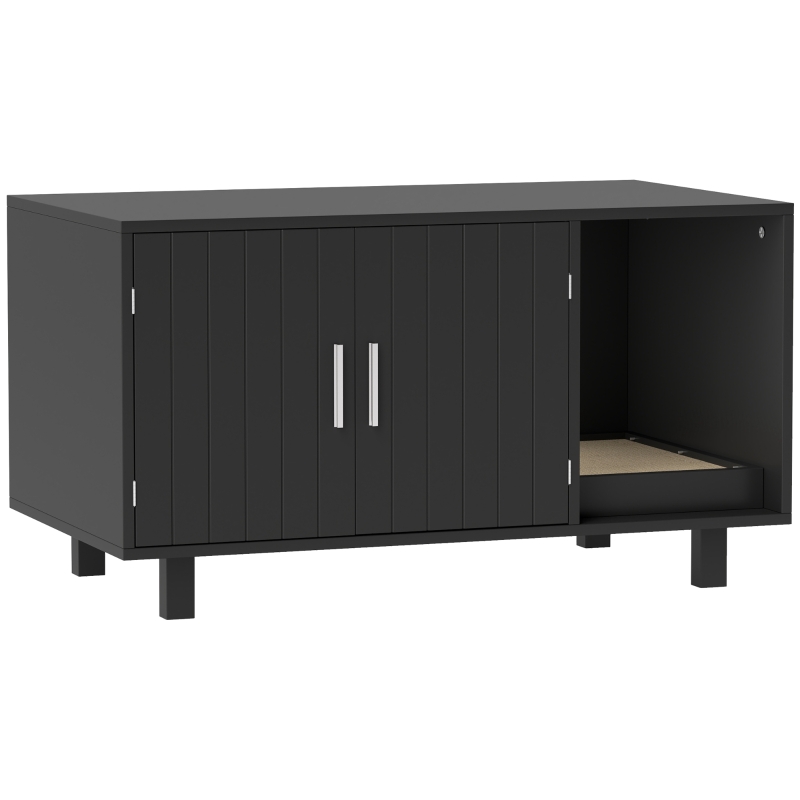 PawHut Cat Litter Box Enclosure, Cat House End Table with Scratcher, Black