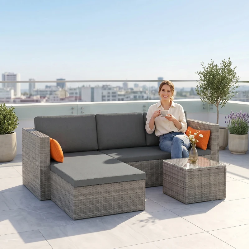 Outsunny 3-Piece Patio Furniture Set Modern Sectional Sofa Rattan Chair Wicker Conversation Set Outdoor Hand Woven Rattan Wicker Furniture Patio Coffee Table Sofa Set, Grey