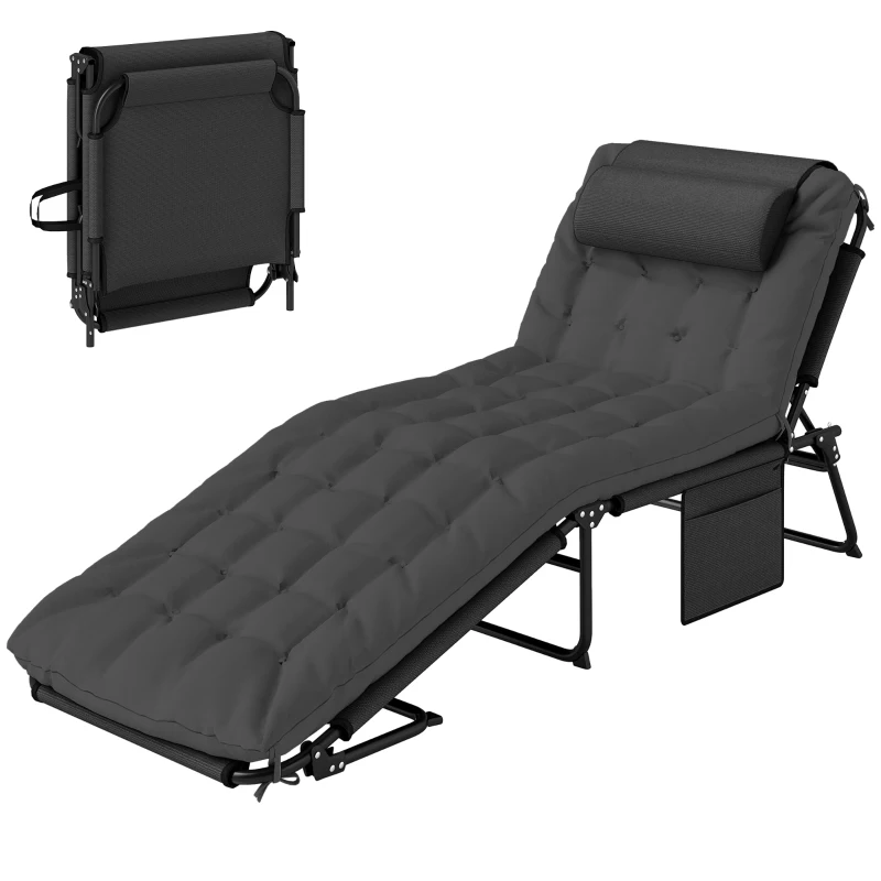 Outsunny Folding Lounge Chair with 4-level Reclining Back & Cushion, Dark Grey
