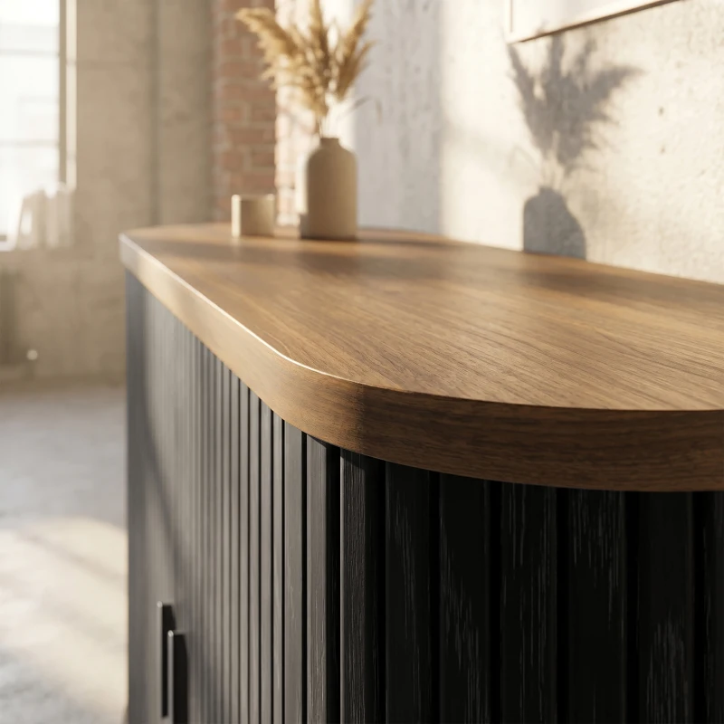 HOMCOM Sideboard Buffet Cabinet with Curved Tambour Doors, Thick Tabletop and Arc Metal Legs Brown and Black