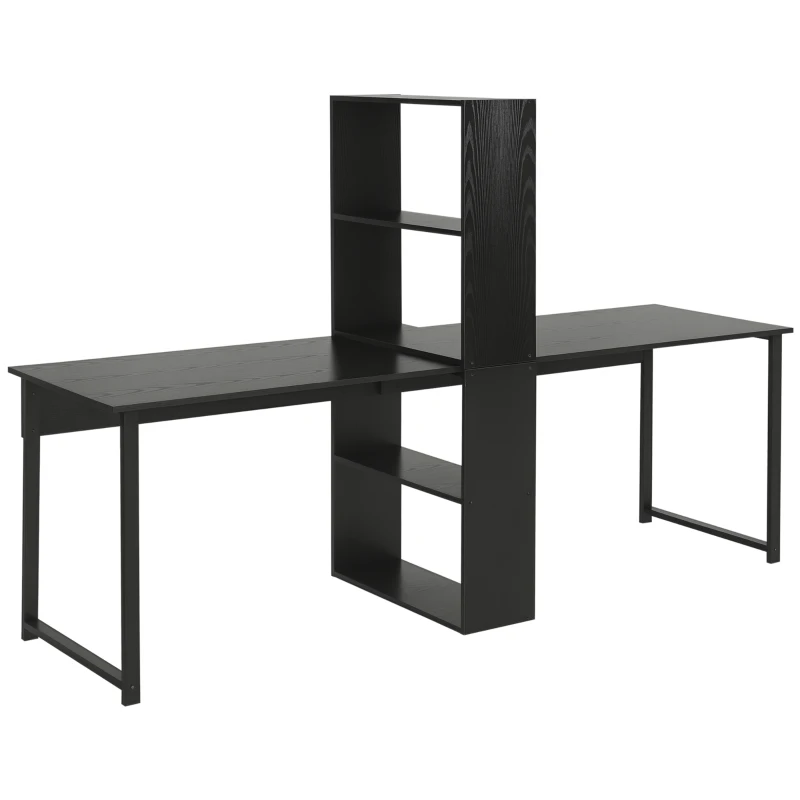 HOMCOM 2-Person Computer Desk with Storage Shelves, Double Study Table with Bookshelf, Writing Desk for Laptop, PC, Home Office Workstation, Black