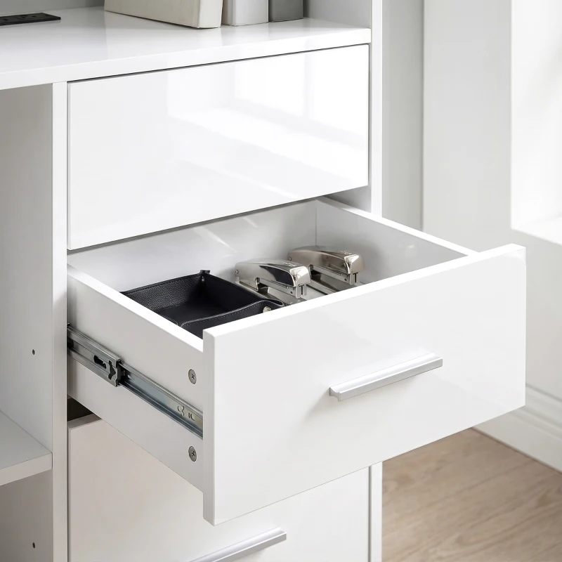 HOMCOM 54" Computer Desk with Drawers, Home Office Desk with Storage, Power Outlets and LED Lights, White
