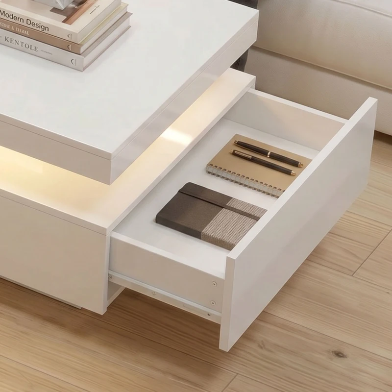 HOMCOM LED Coffee Table with Storage, 2-Tier Modern Center Table with 2 Drawers for Living Room, High Gloss White