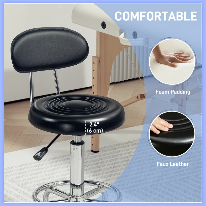 HOMCOM Adjustable Stool, Rolling Stool, 360° Rotate, with Backrest and Wheels, Black