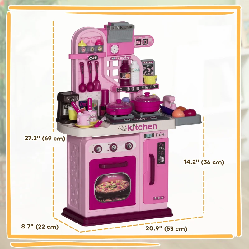 Qaba Kids Play Kitchen with Lights, Sounds, 33 Accessories & Storage for Toddler 3-6 Years