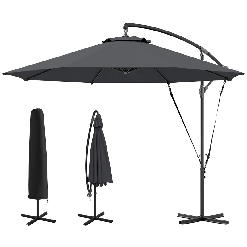 Outsunny 9.5' Cantilever Umbrella with Wind Protection Strap and Cover, Hanging Umbrella with Crank and Cross Base, UPF 50+, Grey