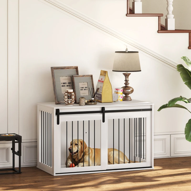 PawHut 46.5" Dog Crate Furniture, Dog Crate End Side Table for Extra Large Dogs, White