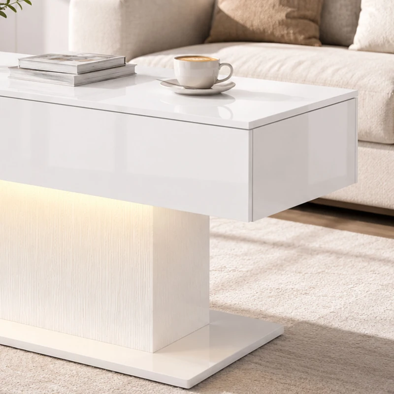 HOMCOM LED Coffee Table with Storage, High Gloss Modern Center Table with 2 Drawers and Remote Control for Living Room, White