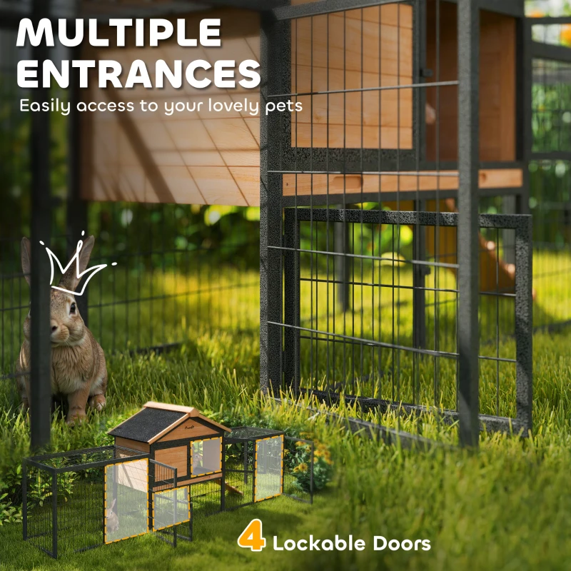PawHut Rabbit Hutch Outdoor, 85"L Large Wooden Bunny Cage with Run Box, Removable Plastic Tray, Asphalt Roof, Ramp, Yellow