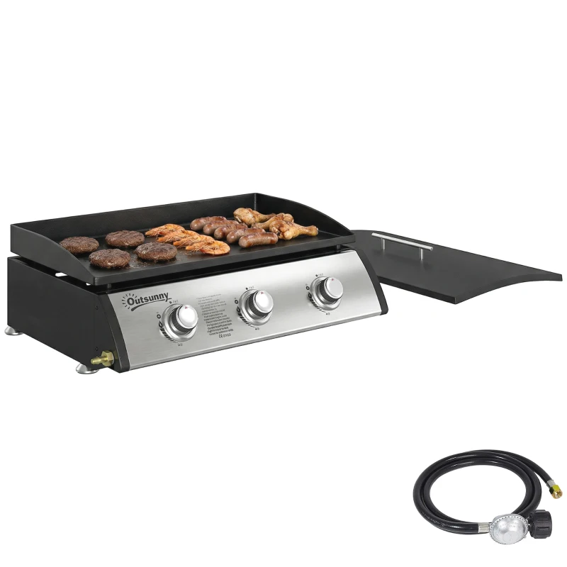 Outsunny Propane Gas Grill with 3 Main Burners, 8530 BTU Outdoor BBQ Grill Cart with Non-Stick Griddle and Lid, Black