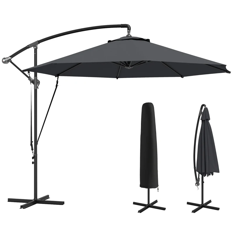 Outsunny 9.5' Cantilever Umbrella with Wind Protection Strap and Cover, Hanging Umbrella with Crank and Cross Base, UPF 50+, Grey