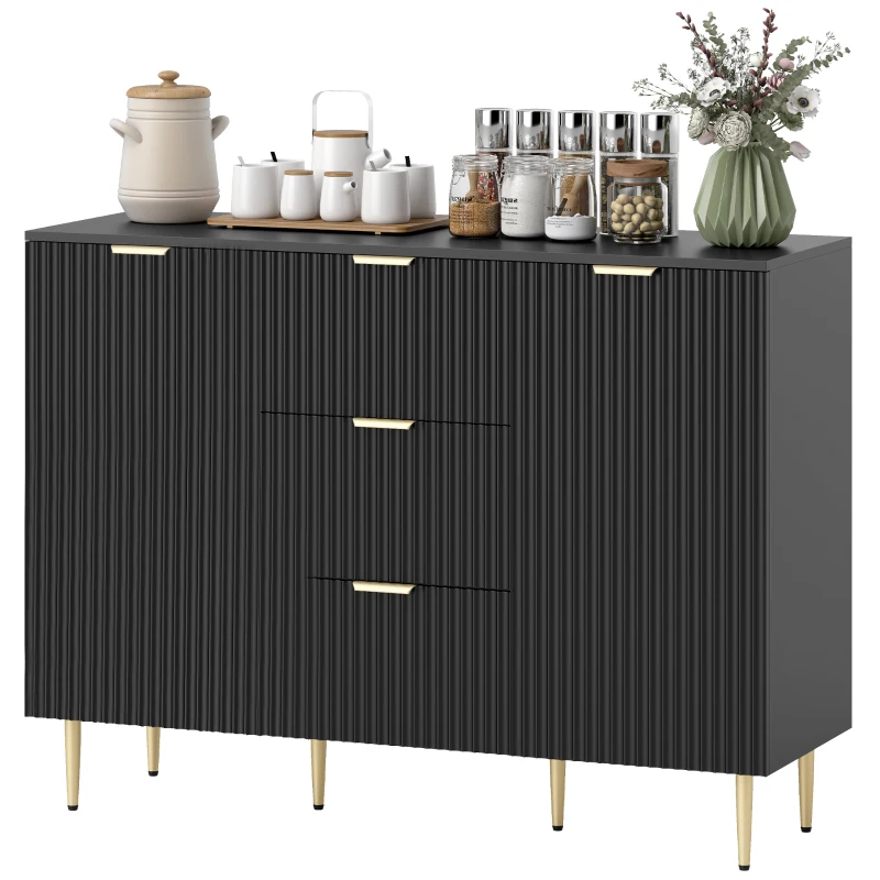HOMCOM Modern Kitchen Storage Cabinet, Sideboard Buffet Cabinet w/ 3 Drawers and Adjustable Shelves for Kitchen Hallway, Black
