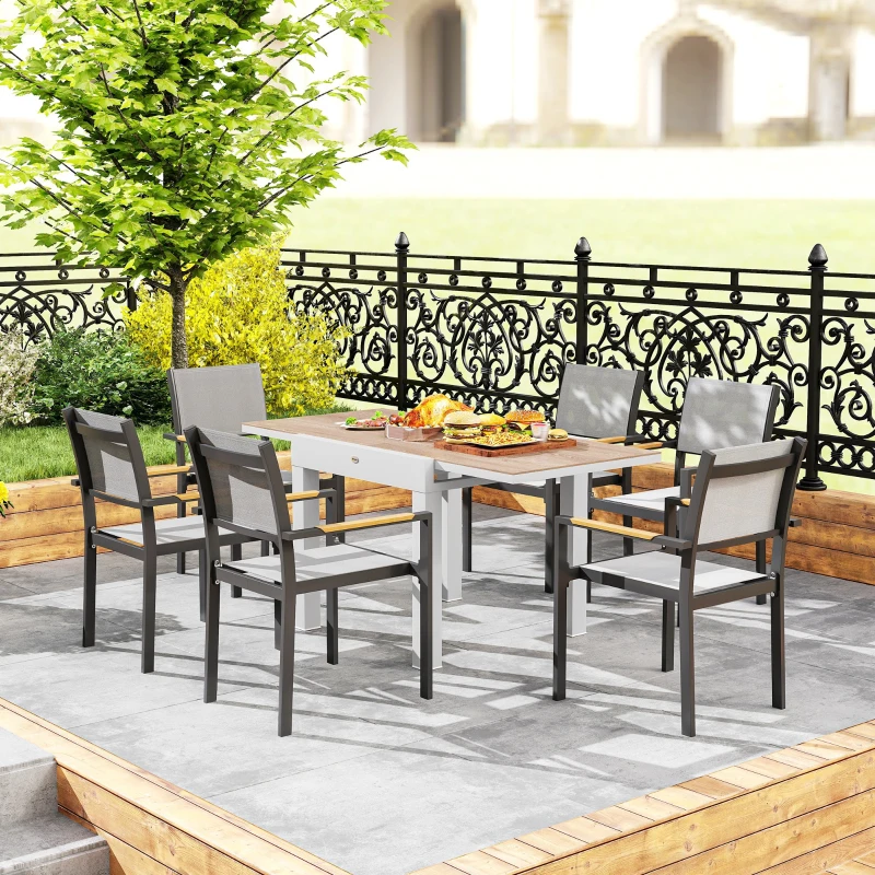 Outsunny Extendable Patio Dining Table, Aluminum Frame Outdoor Patio Table with Faux Wood Top for Garden Backyard, Natural Wood