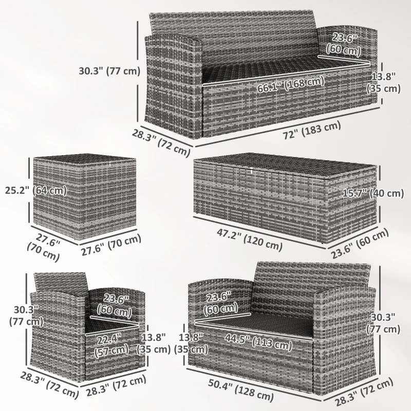 Outsunny 6 Pieces Wicker Patio Furniture Set with Cushions, 7-Seater Rattan Patio Sofa Set with Storage Table, Black